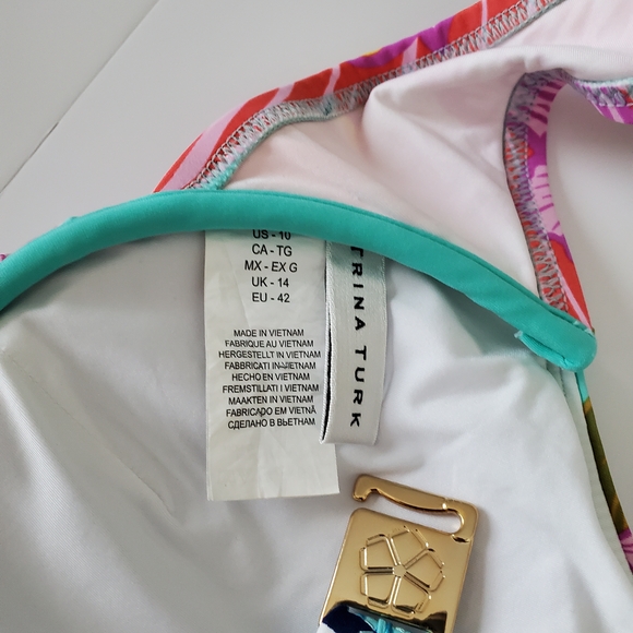 Trina Turk Pink and Yellow One Piece Swimsuit with Plunging V-neckline - Picture 4 of 7